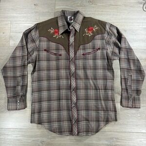 Jean Rive Large Western Pearl Snap Embroidered Plaid Long Sleeve Button Up